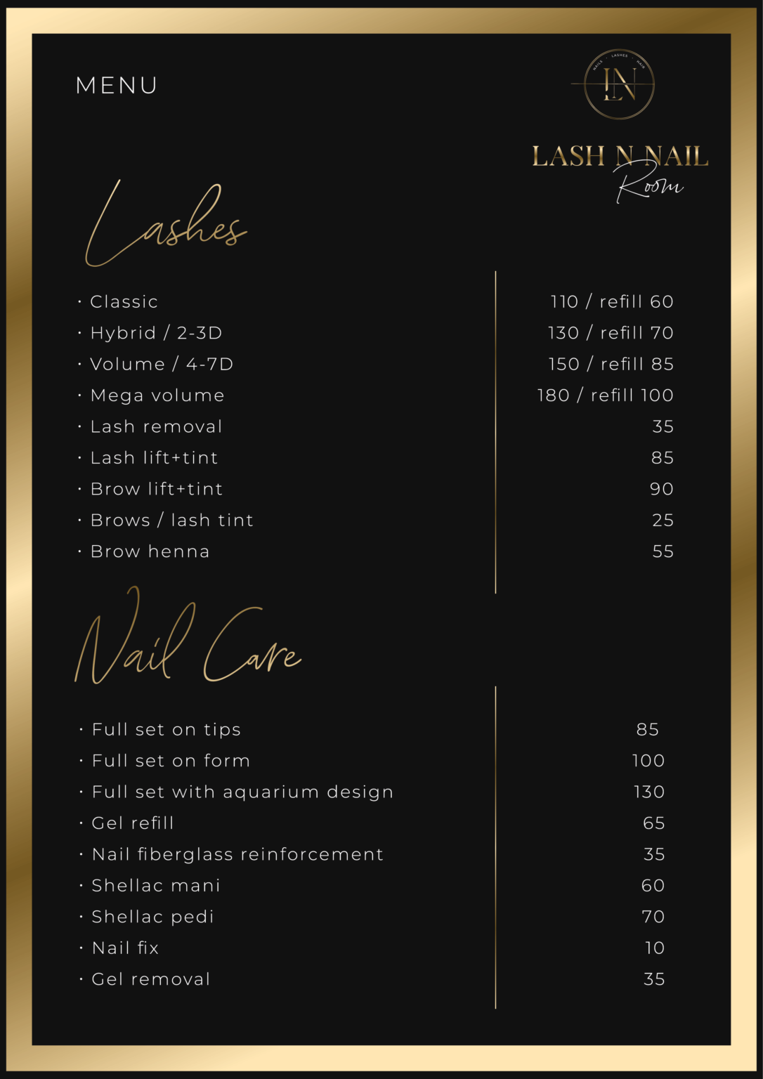 Prices Lash n Nail Salon Barrie Gel & Shellac Eyelash, Brows, Lash Lift